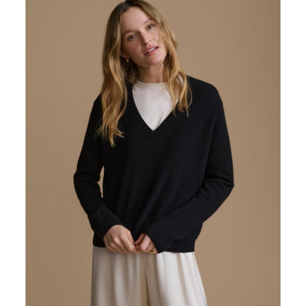 Jenni Kayne Flynn 100% Cashmere V-Neck Sweater, Black Womens Small Quiet Luxury